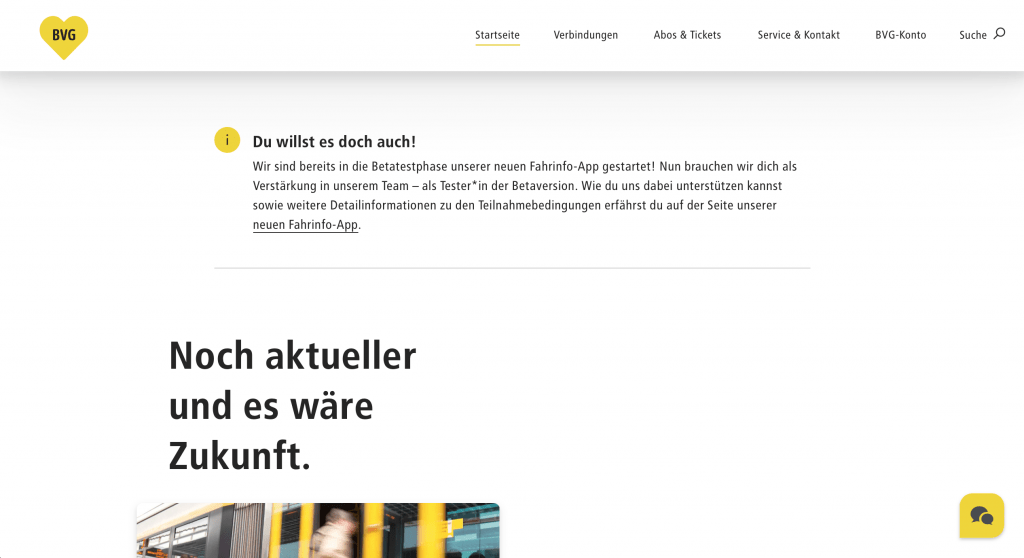 Ein screenshot der BVG Website um die charakteristische Markenstimme des Berliner Verkehrsverbundes zu zeigen