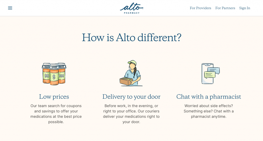 Alto pharmacy brand voice example, screenshot from the brand’s website