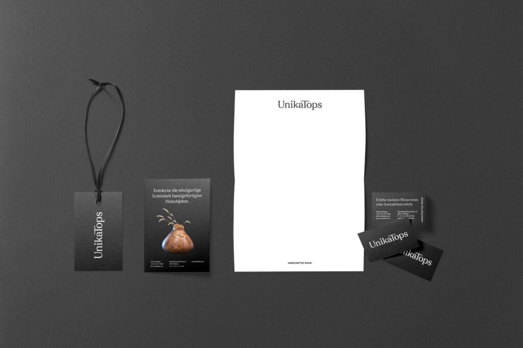 Brand collateral designed for woodworking artist Unikatops.