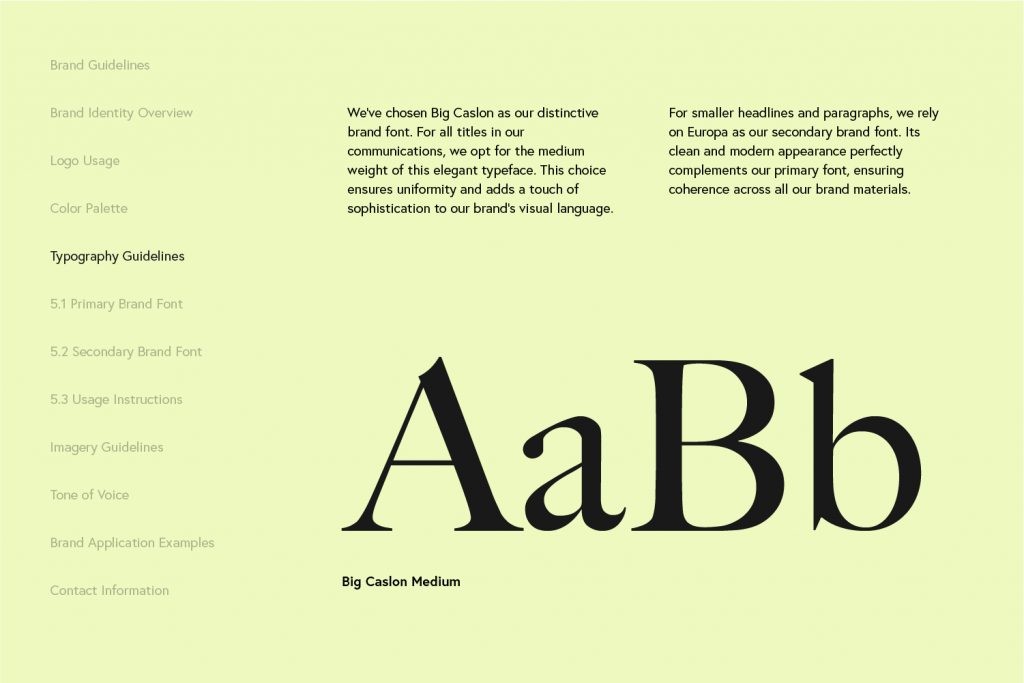 Brand typography guidelines showing a primary and a secondary font used for the brand
