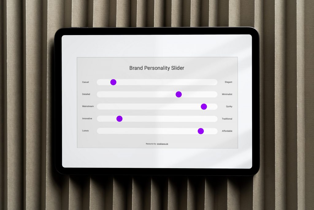 Brand Personality Slider Template for Google Slides shown on a tablet screen.