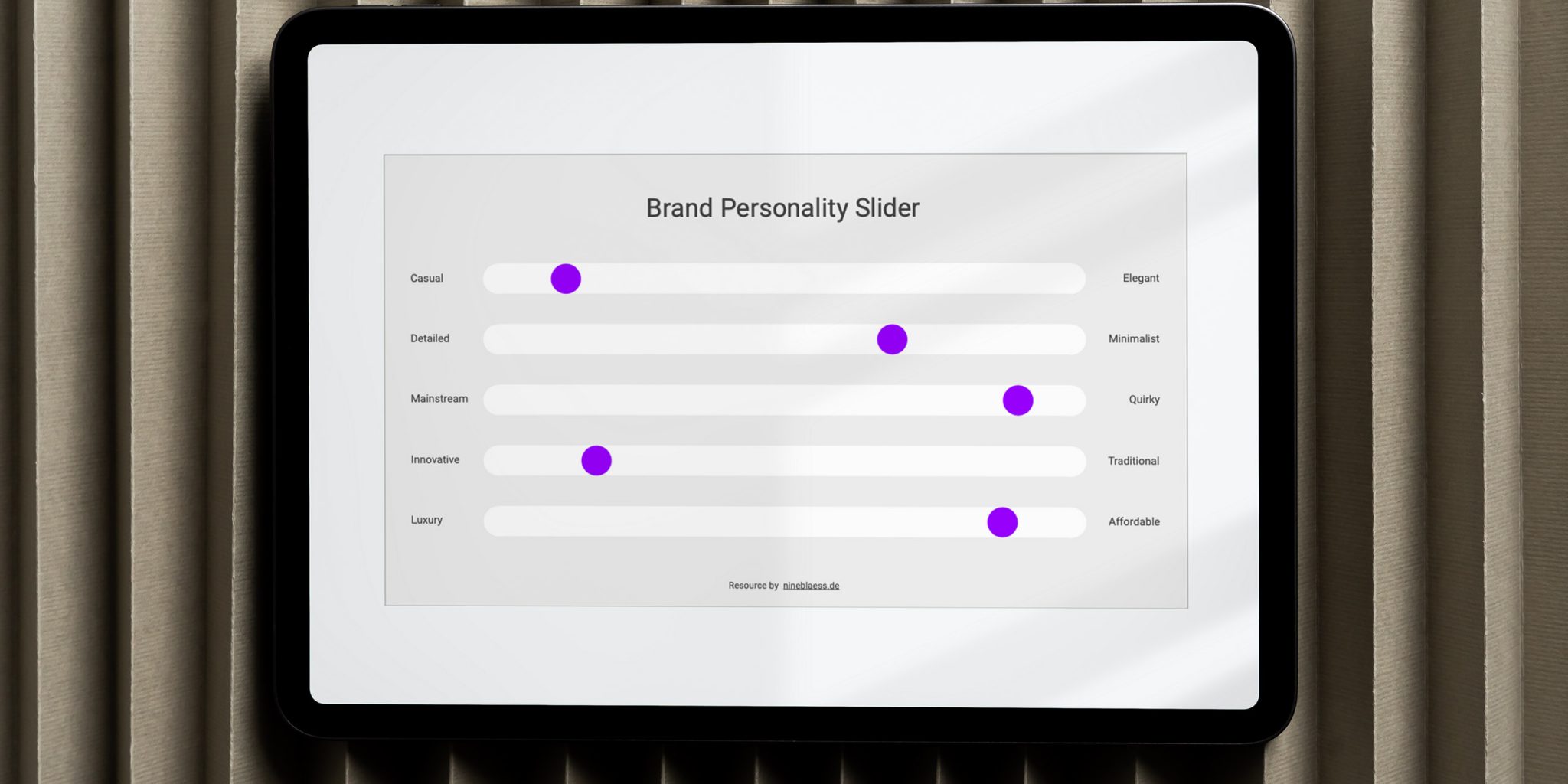 Brand Personality Slider Template for Google Slides auf einem tablet screen.